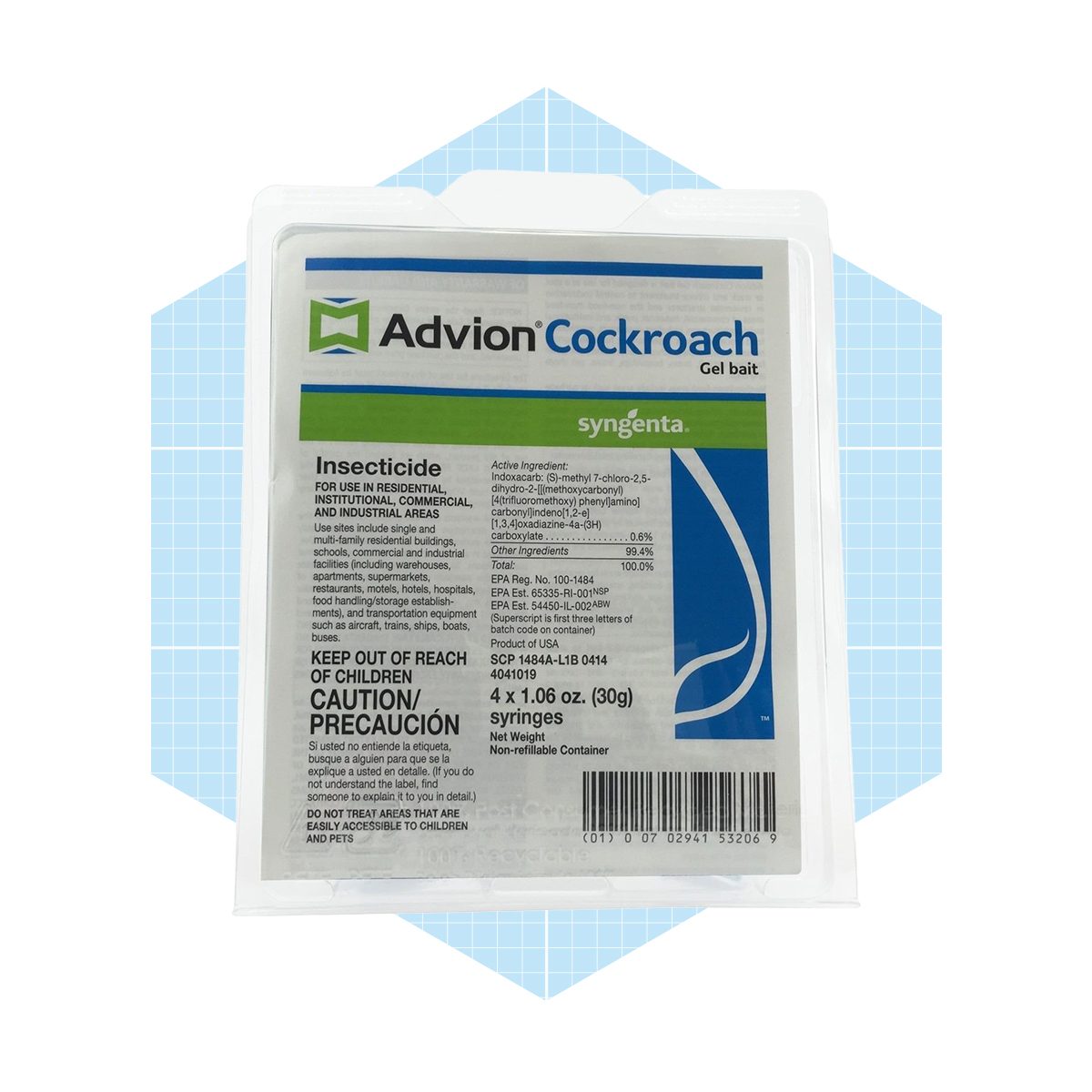 Gel bait for cockroaches is displayed, outlining usage instructions and safety warnings, set against a light blue geometric background.