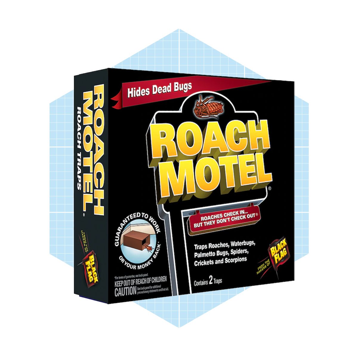 A box of Roach Motel traps is displayed, promoting its effectiveness in trapping insects while hiding dead bugs, set against a light blue geometric background.