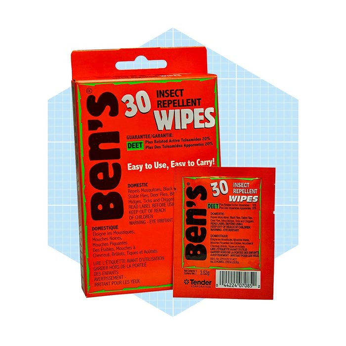 A bright red package of Ben's insect repellent wipes is displayed, indicating it contains 30 wipes, with instructions for use and safety warnings.