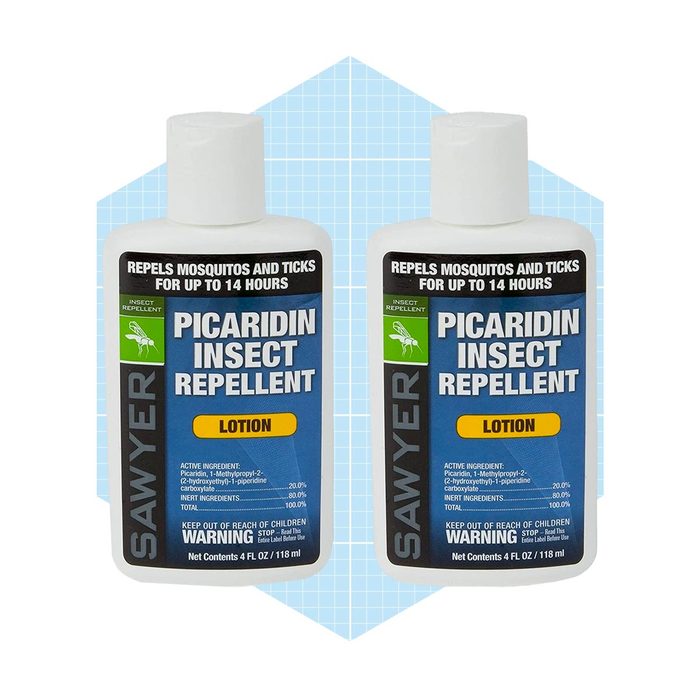 Two bottles of Sawyer Picaridin insect repellent lotion are displayed, designed to repel mosquitoes and ticks for up to 14 hours, set against a light blue background.