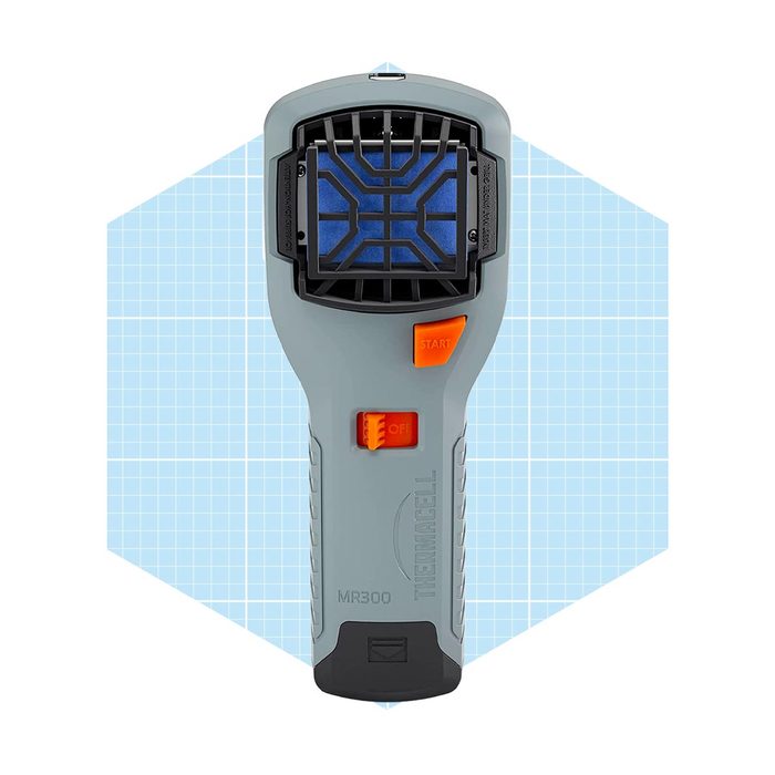 A handheld insect repeller, featuring a blue grid at the top, buttons labeled 