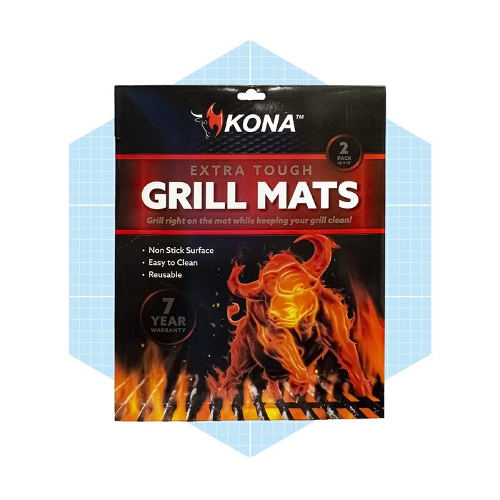 A package of grill mats features a fiery graphic and text descriptions. It highlights non-stick, easy-to-clean, and reusable qualities, ensuring a clean grilling experience.