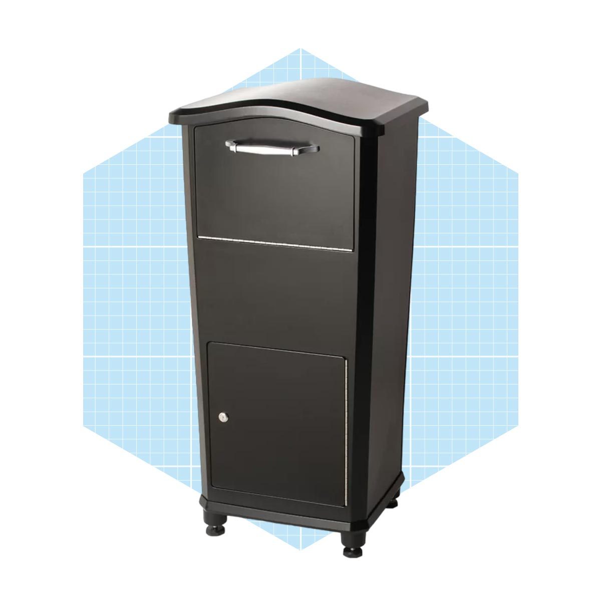 A sleek, black storage cabinet stands upright, featuring a top drawer and a bottom door, set against a light blue geometric background.