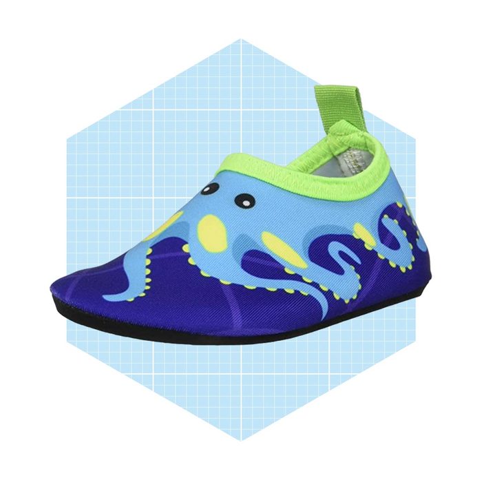 A colorful children's water shoe featuring an octopus design is displayed against a light blue grid background, showcasing its playful style and practical design.