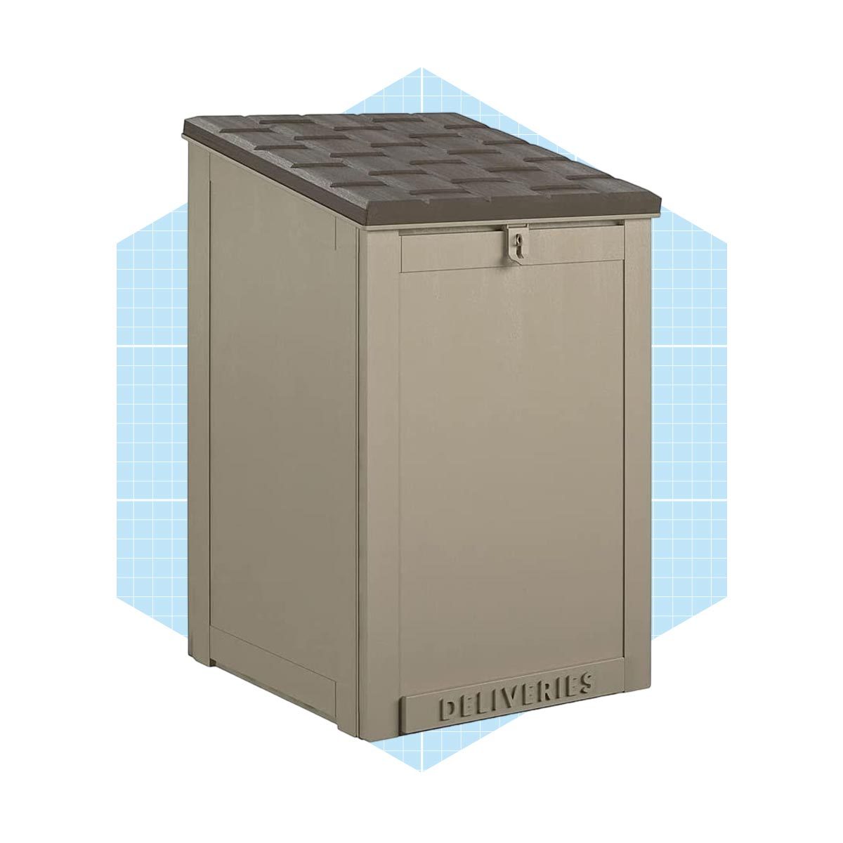 A delivery storage box stands upright with a textured brown lid, placed against a light blue geometric background. Its front has the word "DELIVERIES."