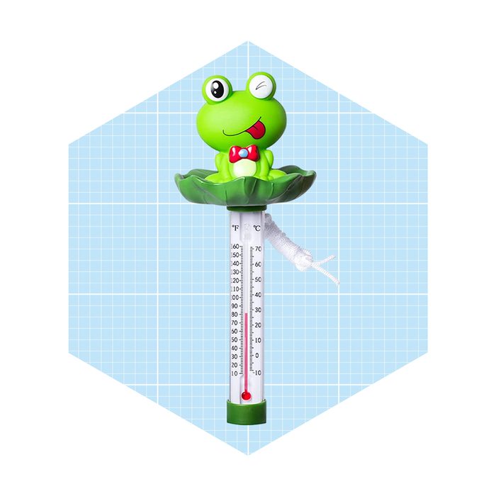 A frog-shaped thermometer measures temperature while perched on a lily pad, surrounded by a light blue grid background.