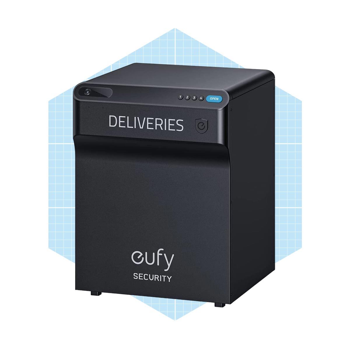 A black delivery box labeled "DELIVERIES" stands with an open button and indicator lights, against a light blue geometric background.