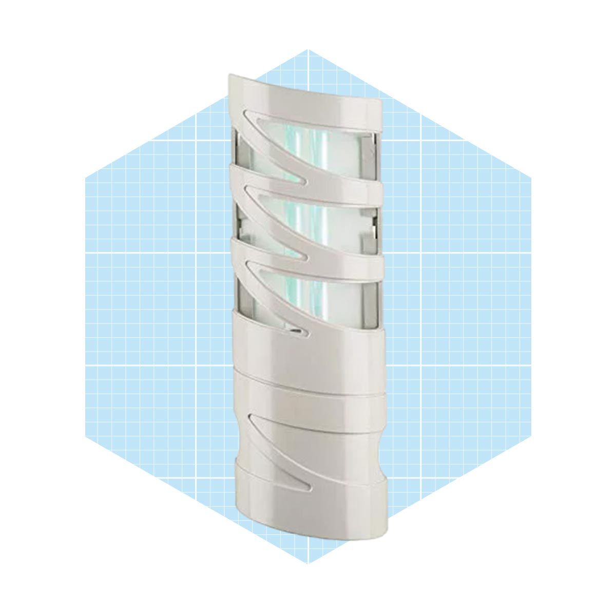 A curved white object with translucent sections emits light, positioned against a soft blue grid background, suggesting a focus on modern design.