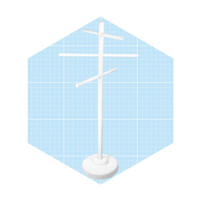 A white display stand with multiple horizontal arms rests on a circular base, set against a light blue grid background, suggesting a minimalist aesthetic.