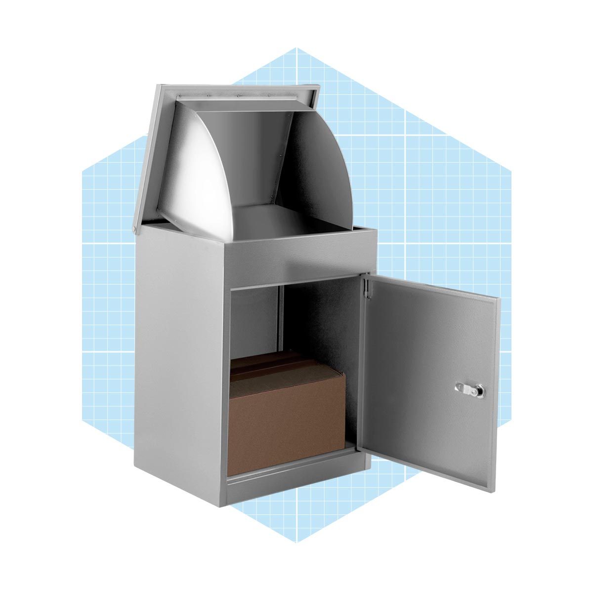 A silver storage box with an open top compartment reveals a closed lower section holding two stacked brown boxes, set against a light blue grid background.