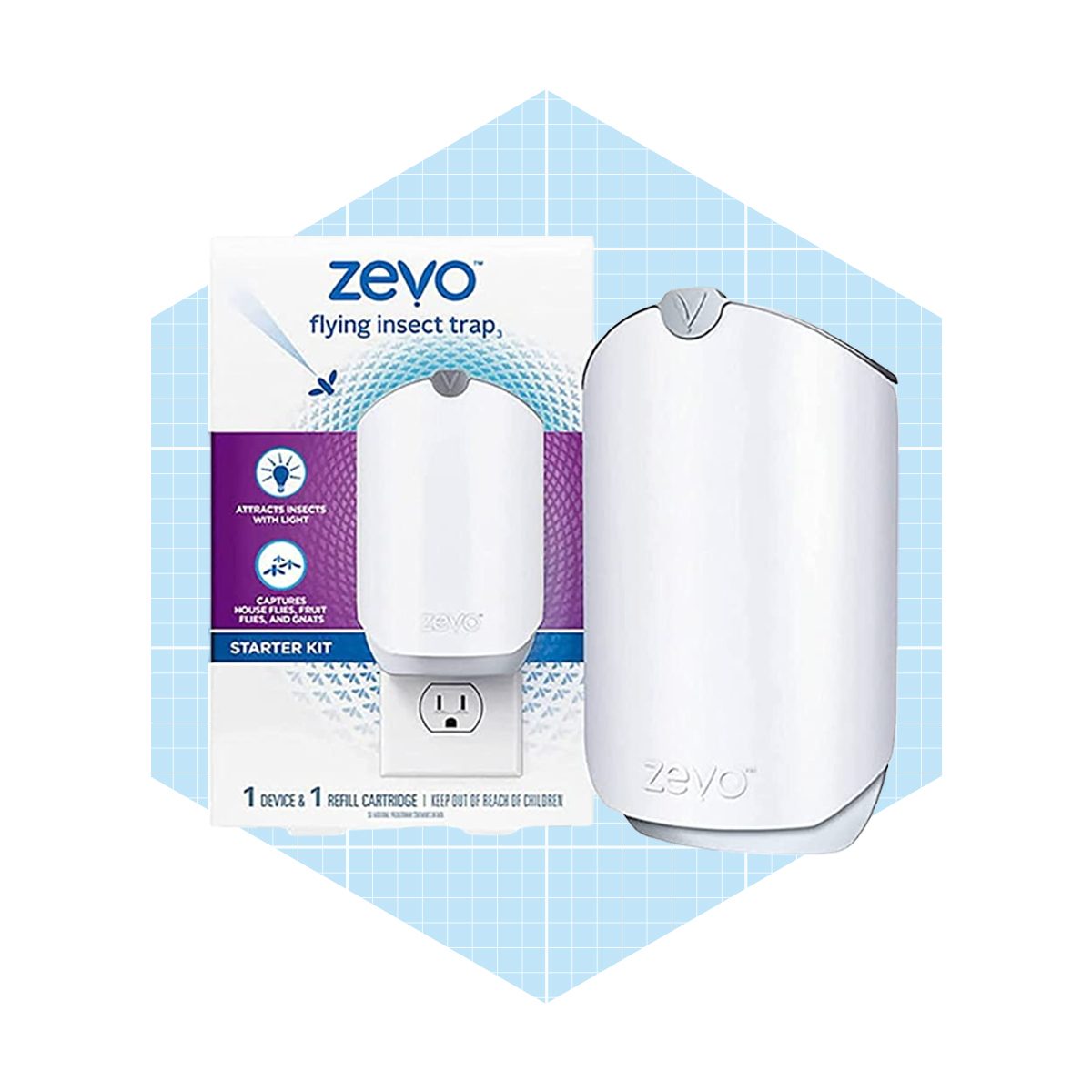 A white electric flying insect trap attracts bugs with light, capturing houseflies and fruit flies, displayed on a blue grid background with instructions.