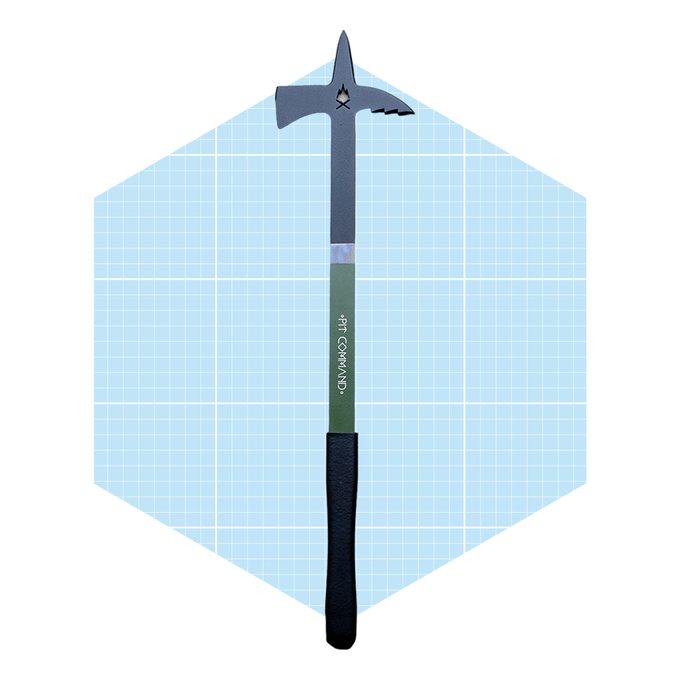 A multi-functional tool stands upright. Its pointed end and flat hammer face indicate versatility in various tasks, set against a light grid background.