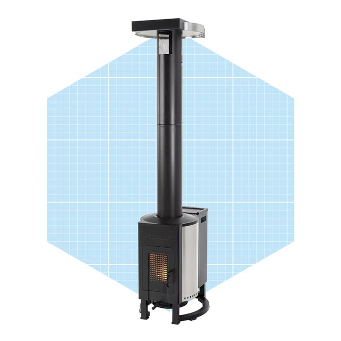 A black outdoor heater stands upright, radiating warmth, against a light blue geometric background, suitable for enhancing ambiance in outdoor spaces.