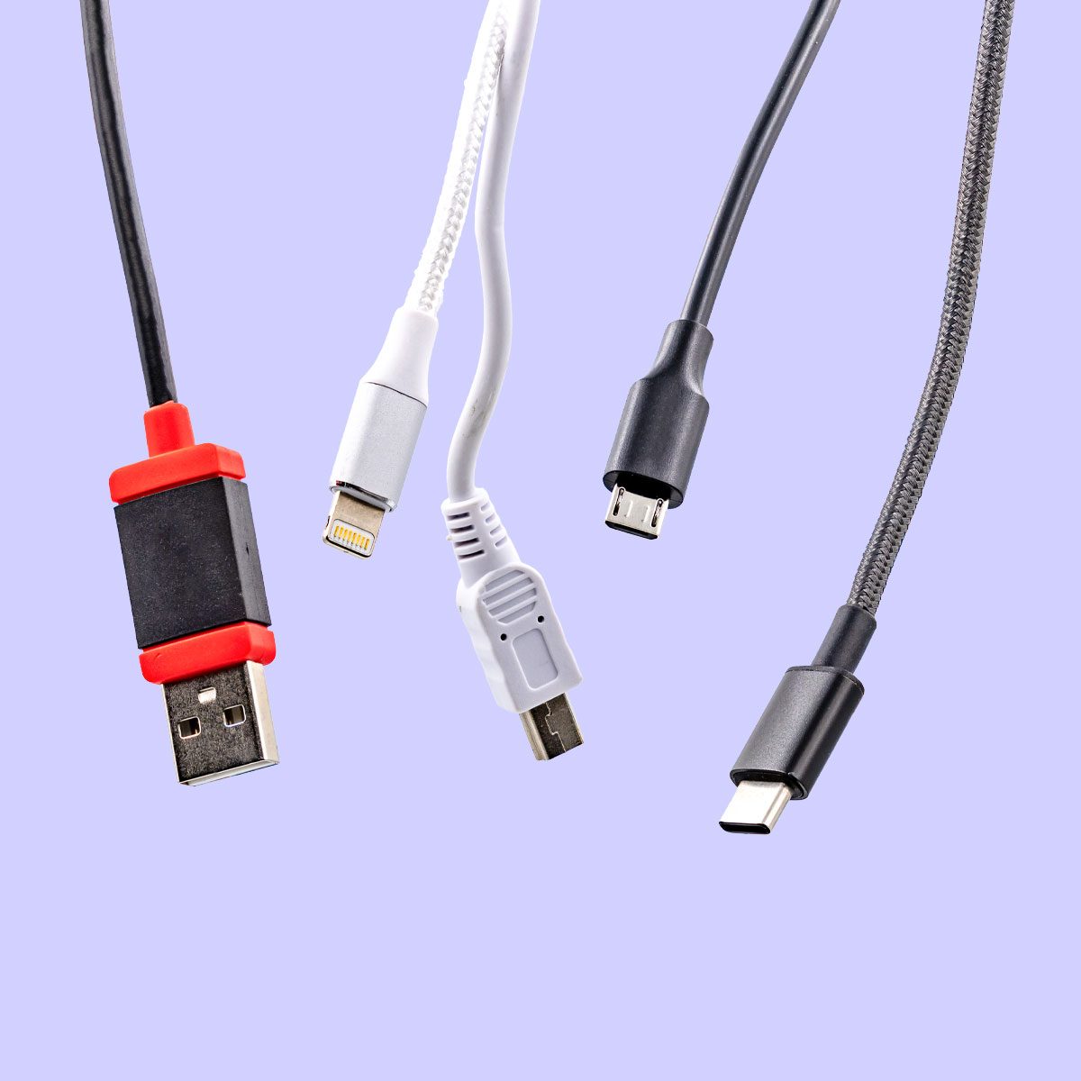 USB type A and C as well as Micro USB and Lightning plug with cable exposed